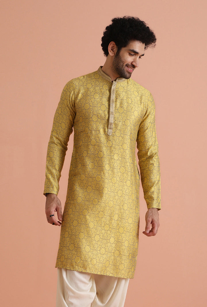 Yellow Jacquard Woven Silk Blend Kurta | SHOBITAM