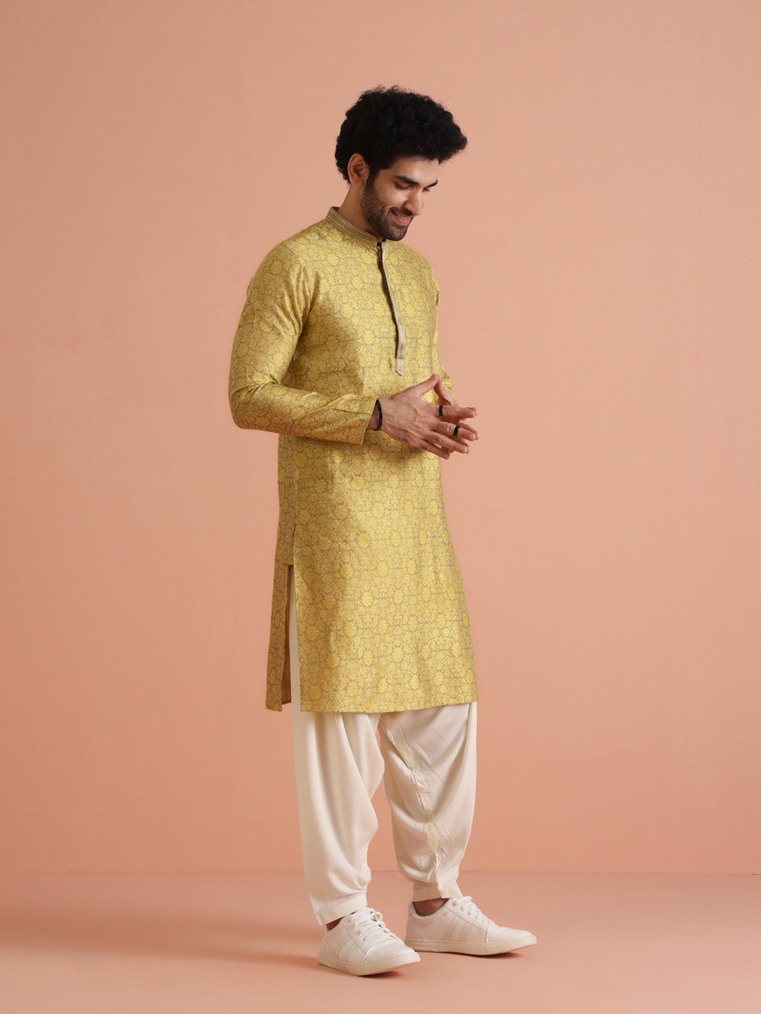 Yellow Jacquard Woven Silk Blend Kurta | SHOBITAM