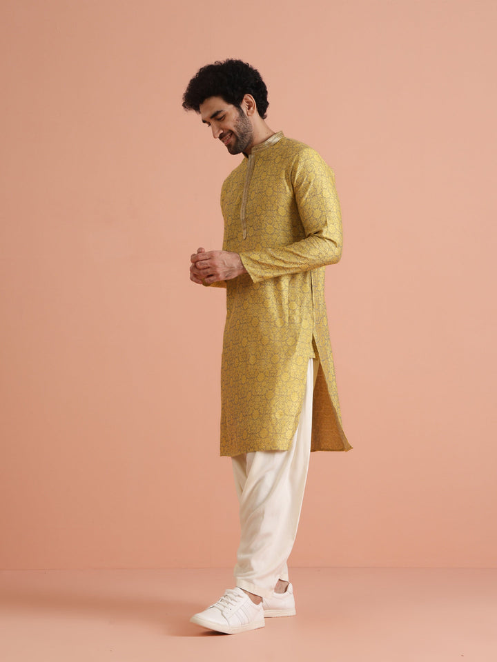 Yellow Jacquard Woven Silk Blend Kurta | SHOBITAM