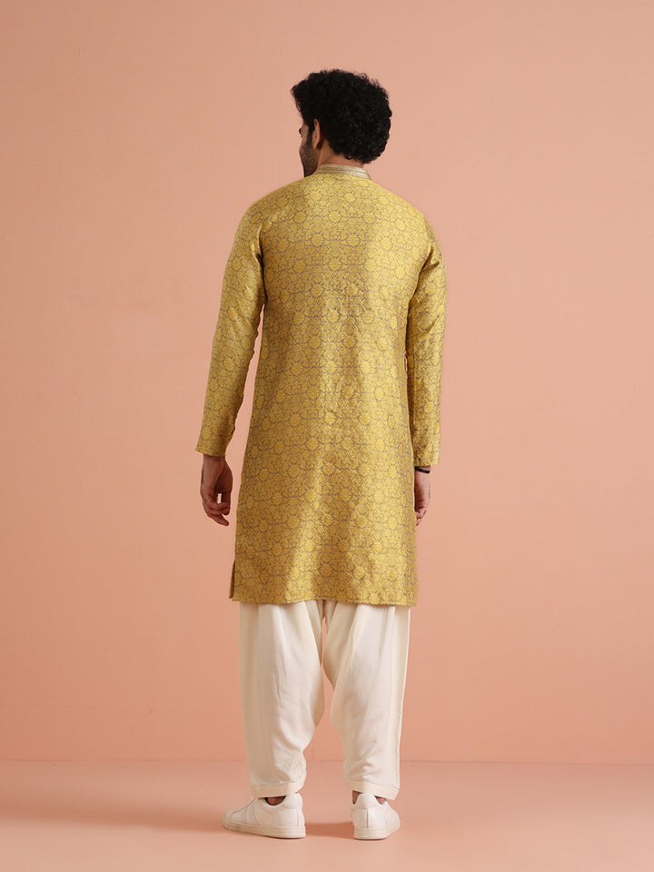 Yellow Jacquard Woven Silk Blend Kurta | SHOBITAM
