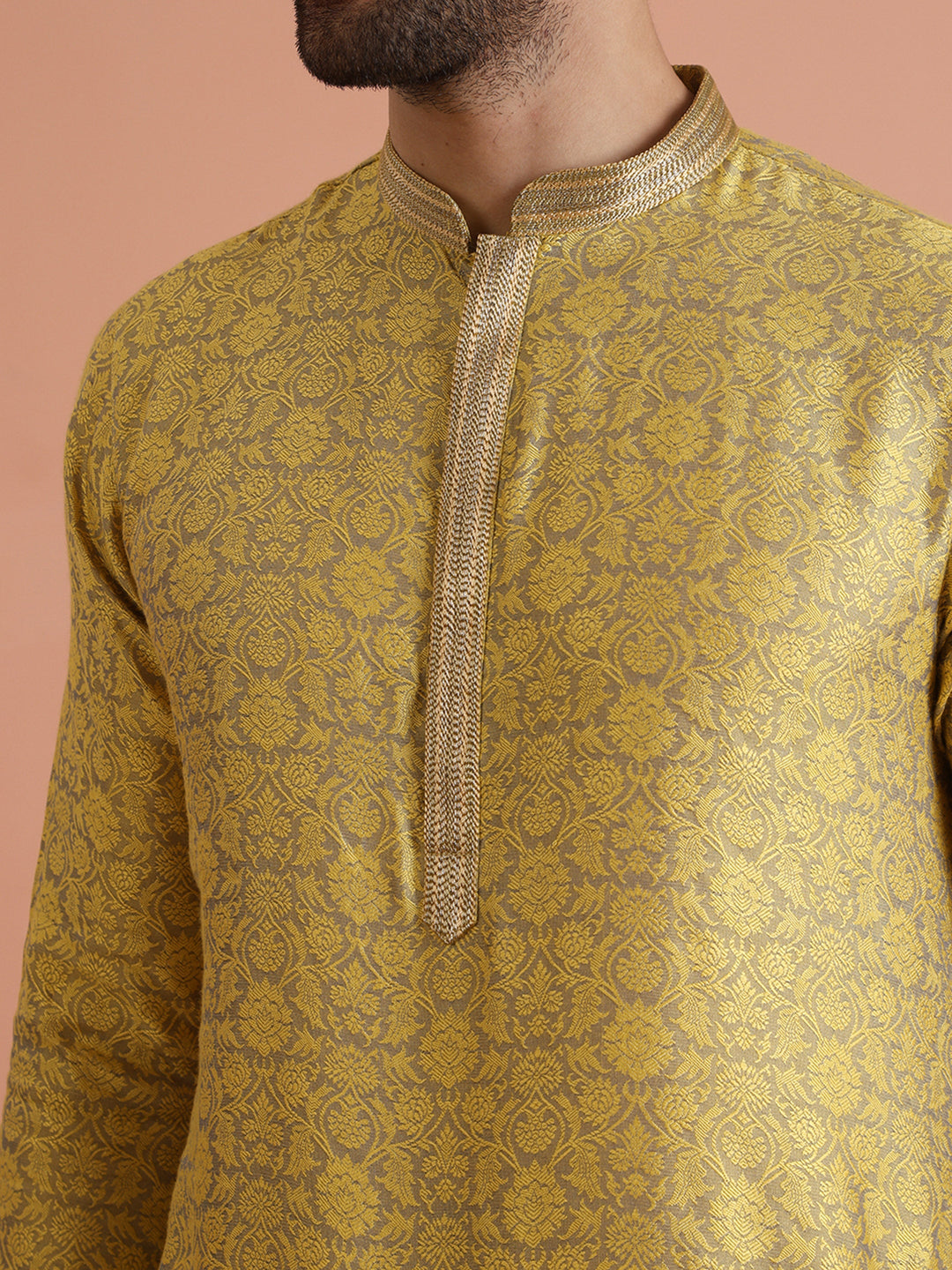 Yellow Jacquard Woven Silk Blend Kurta | SHOBITAM
