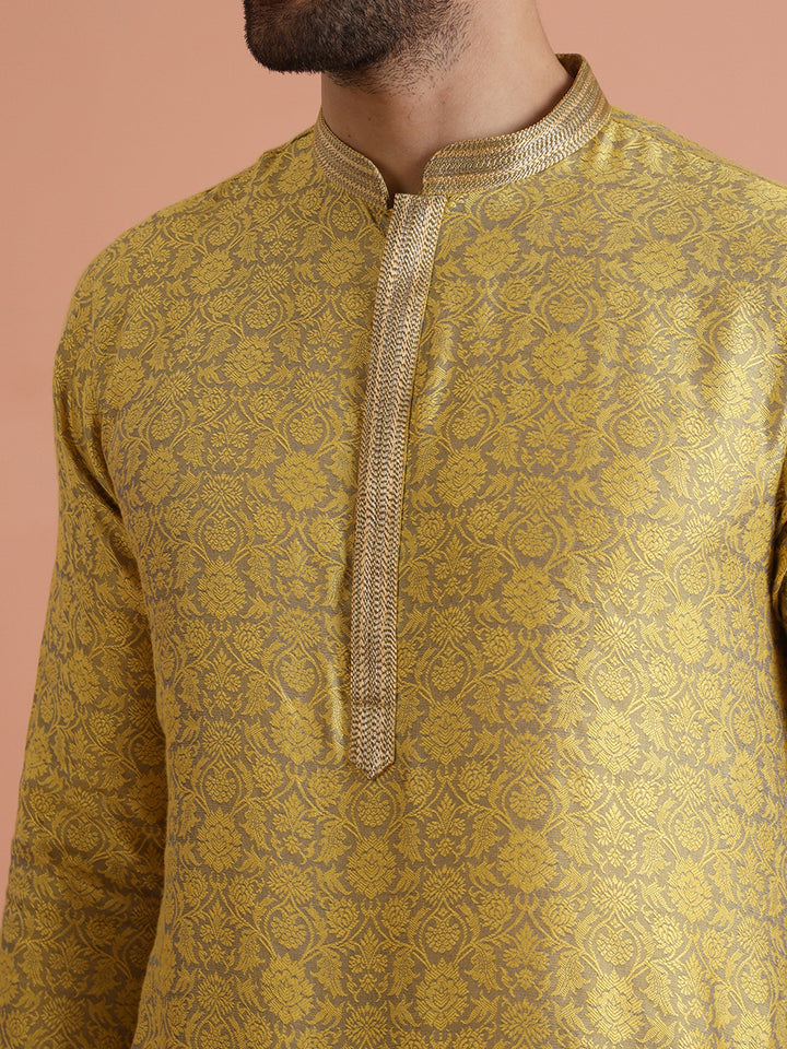 Yellow Jacquard Woven Silk Blend Kurta | SHOBITAM