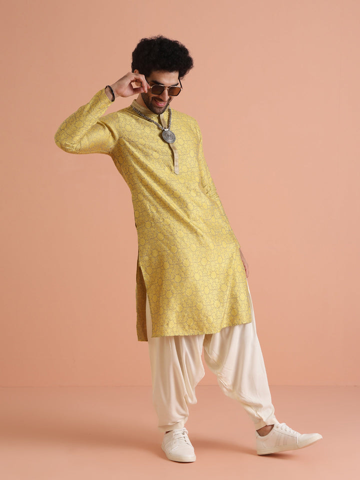 Yellow Jacquard Woven Silk Blend Kurta | SHOBITAM