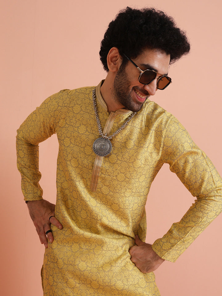 Yellow Jacquard Woven Silk Blend Kurta | SHOBITAM