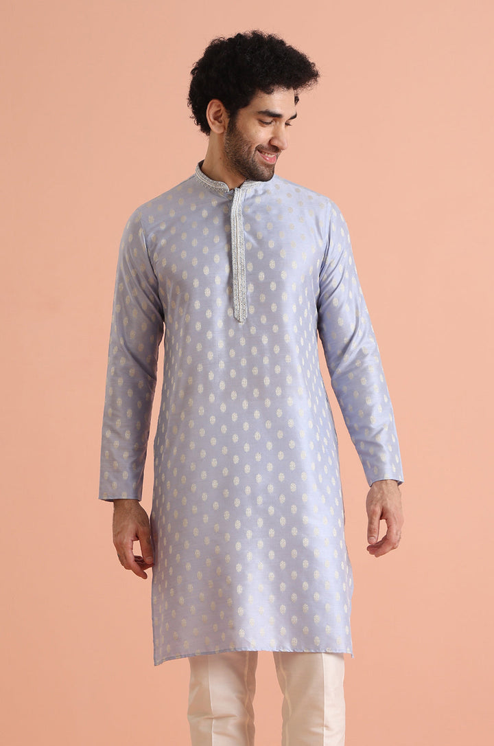 Men Blue Ethnic Motifs Kurta | SHOBITAM