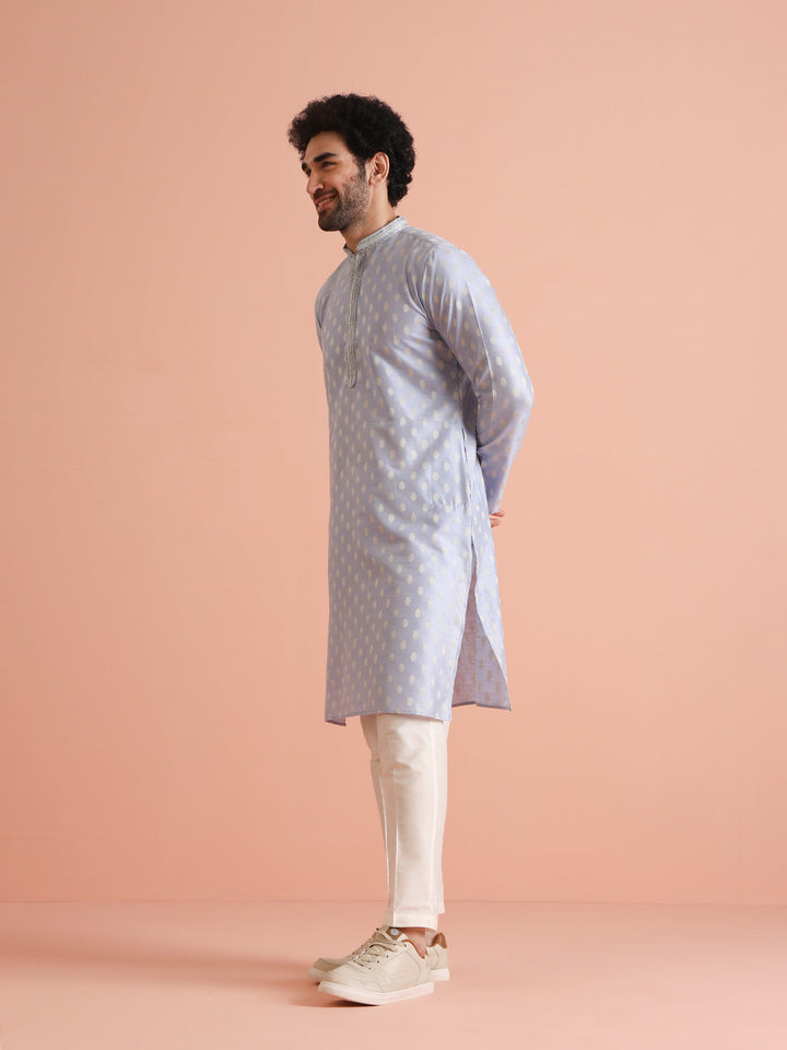 Men Blue Ethnic Motifs Kurta | SHOBITAM