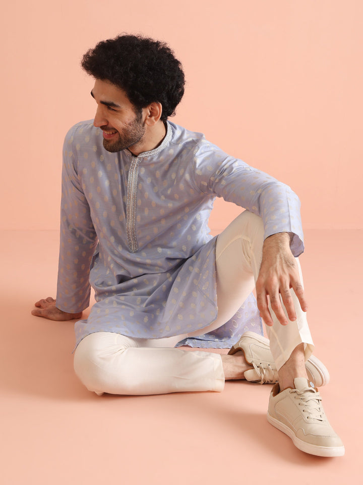 Men Blue Ethnic Motifs Kurta | SHOBITAM