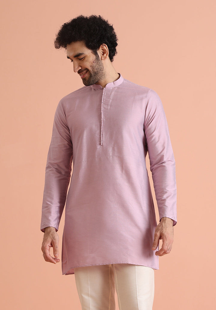 Pastel Pink Silk Blend Solid Mid Kurta | SHOBITAM
