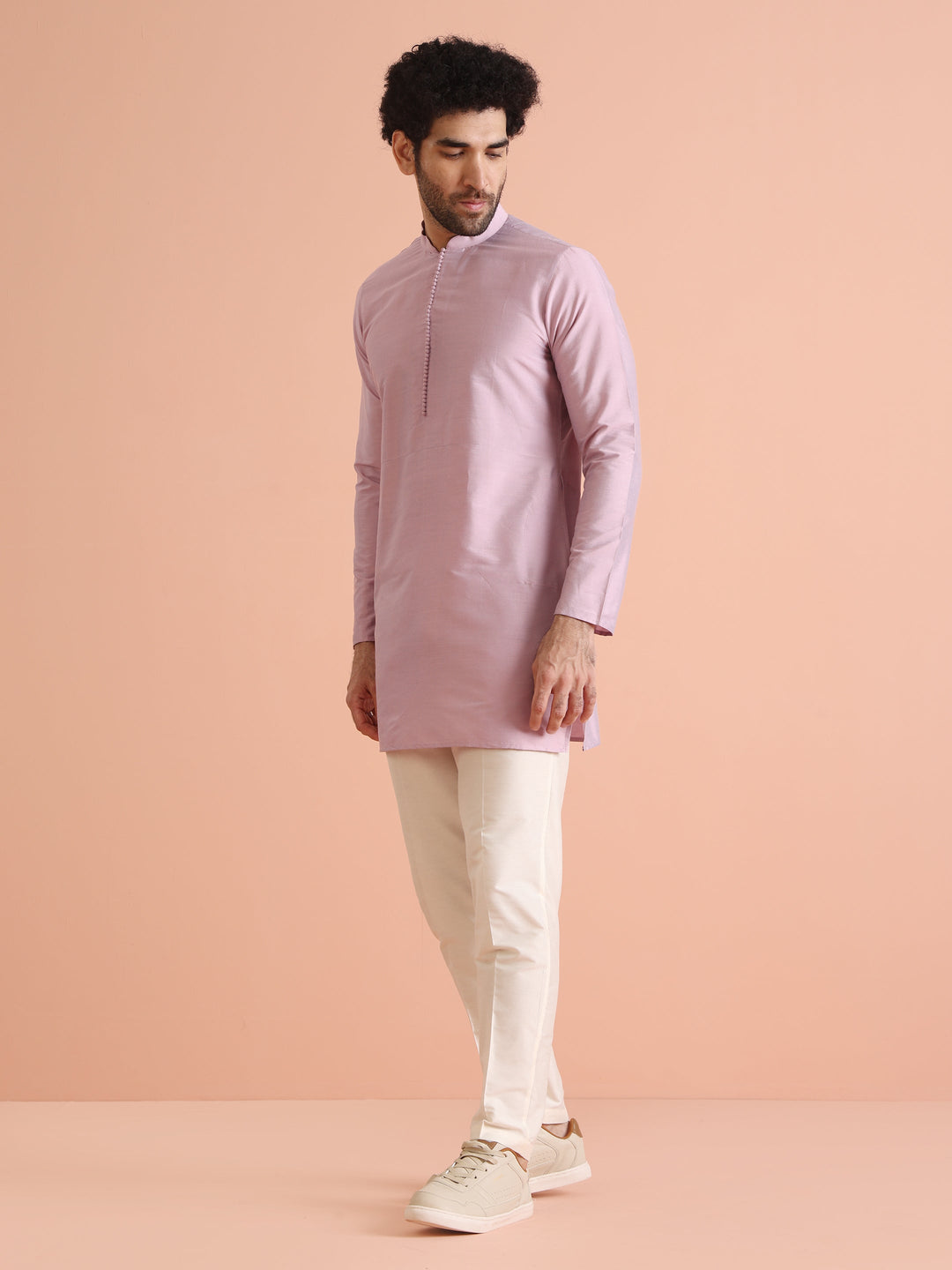 Pastel Pink Silk Blend Solid Mid Kurta | SHOBITAM