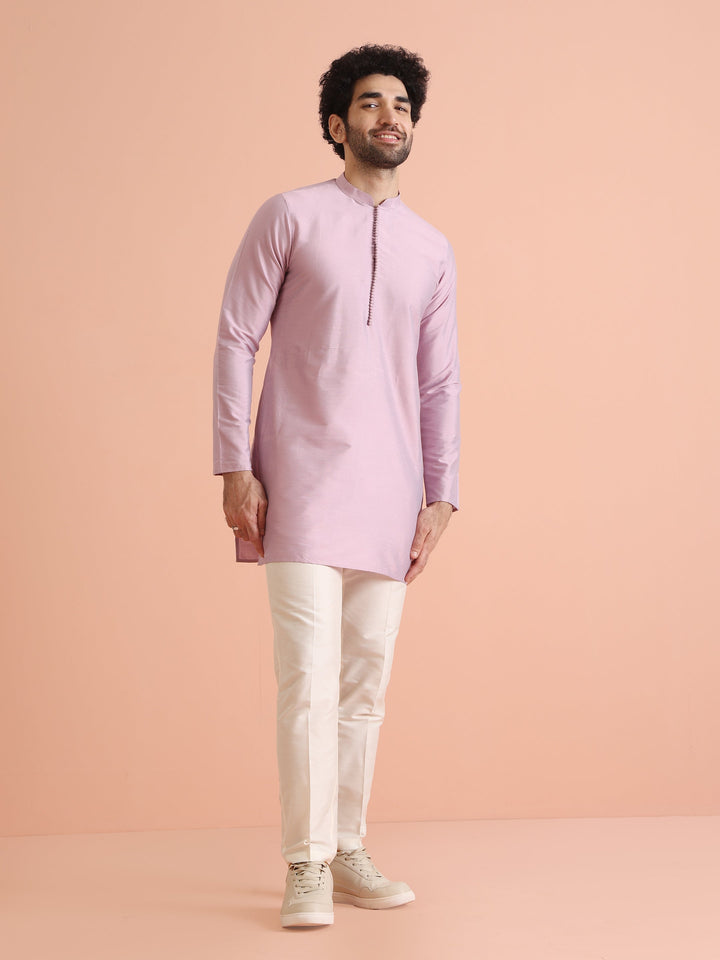 Pastel Pink Silk Blend Solid Mid Kurta | SHOBITAM