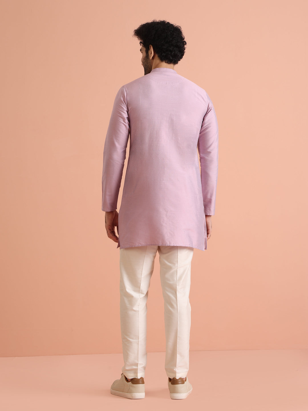 Pastel Pink Silk Blend Solid Mid Kurta | SHOBITAM
