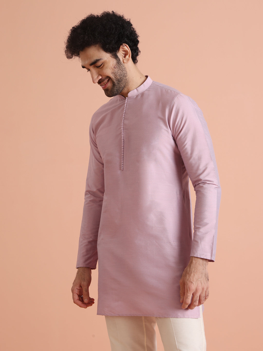 Pastel Pink Silk Blend Solid Mid Kurta | SHOBITAM
