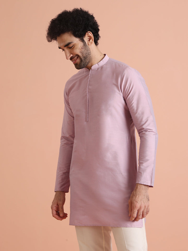 Pastel Pink Silk Blend Solid Mid Kurta | SHOBITAM