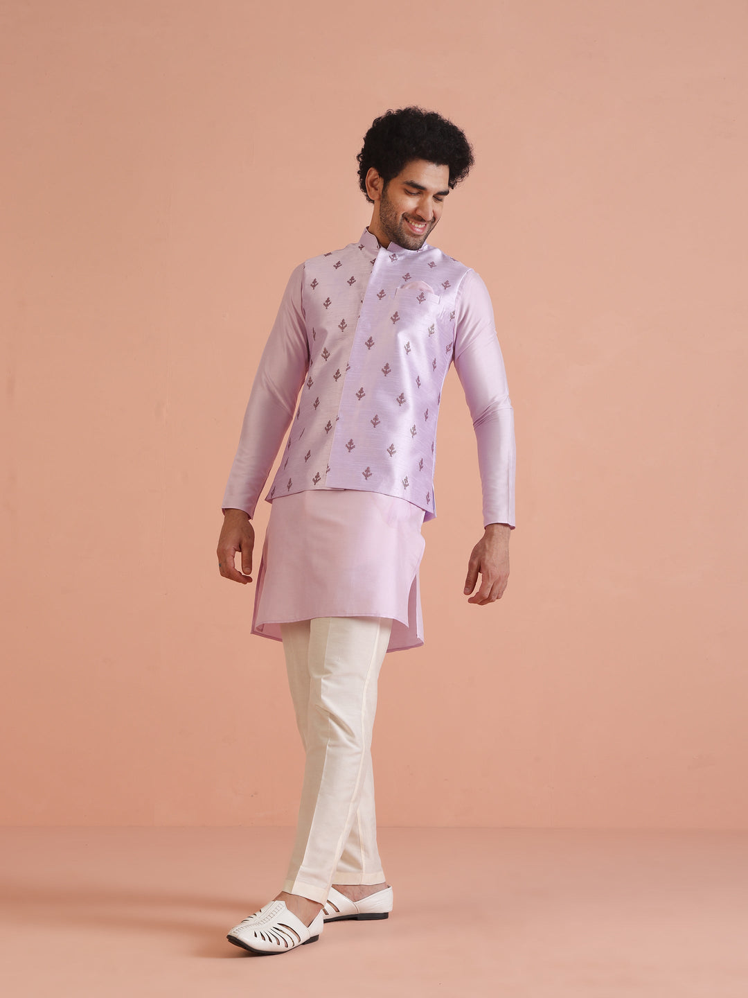 Lilac Thread Embroidered Nehru Jacket For Men | SHOBITAM