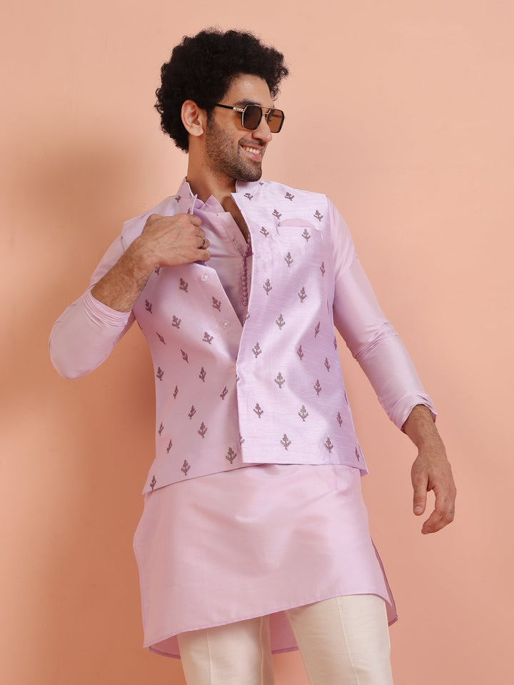 Lilac Thread Embroidered Nehru Jacket For Men | SHOBITAM