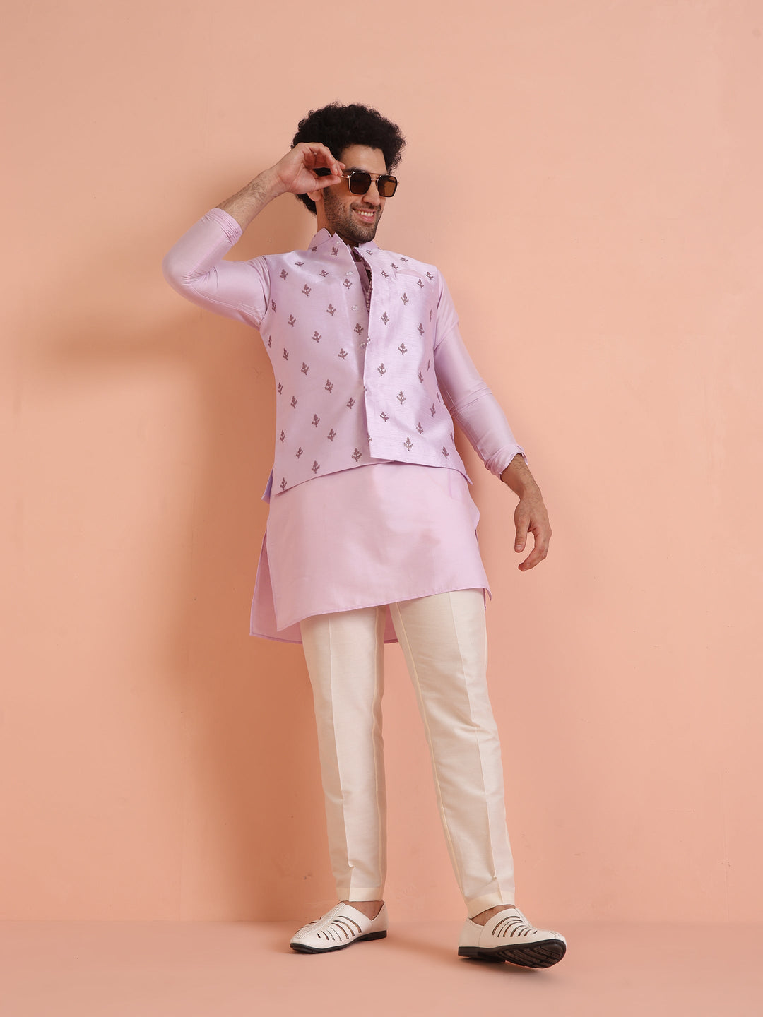 Lilac Thread Embroidered Nehru Jacket For Men | SHOBITAM