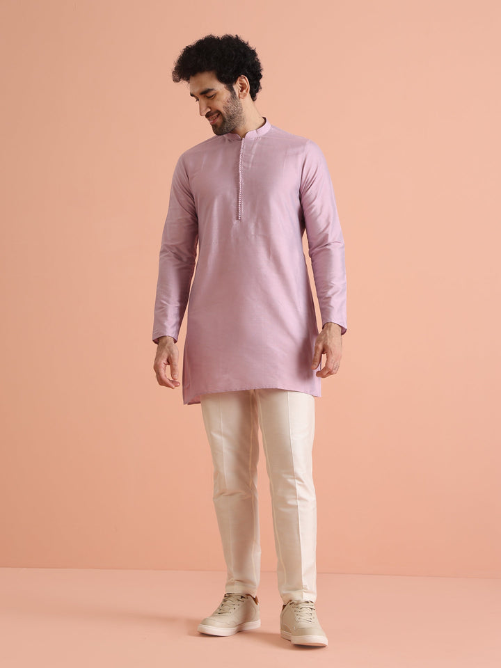 Lavender Silk Blend Solid Mid Kurta Trouser Set | SHOBITAM
