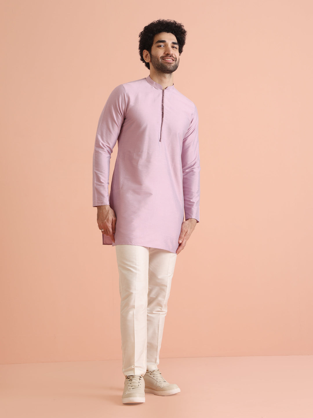 Lavender Silk Blend Solid Mid Kurta Trouser Set | SHOBITAM