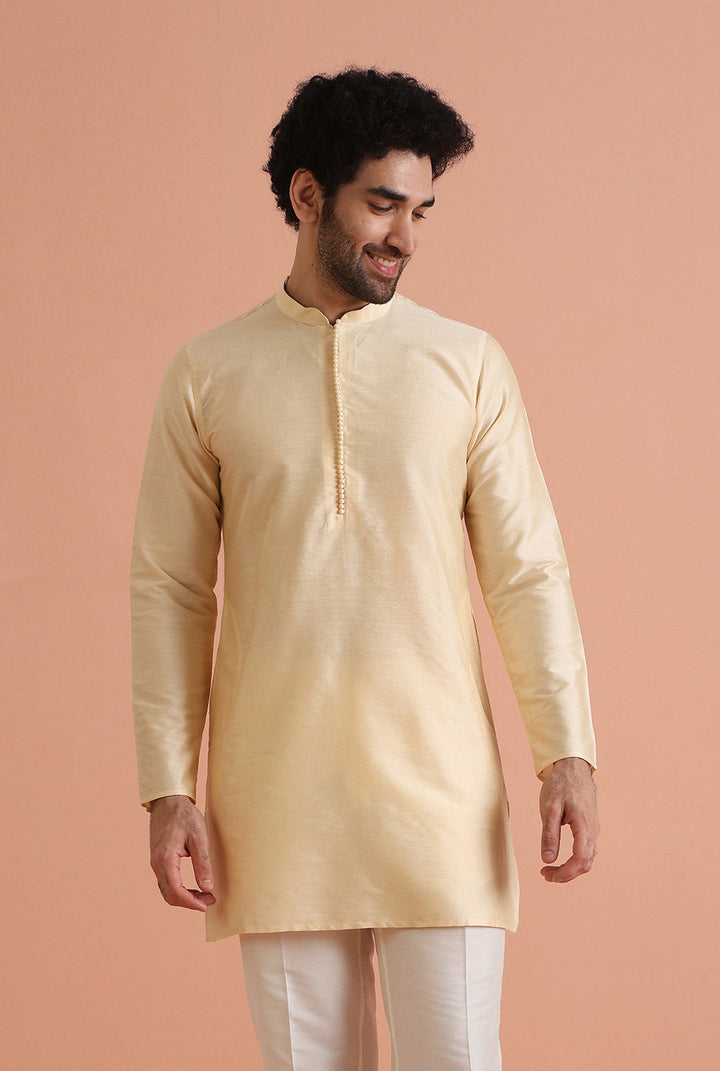 Beige Silk Blend Solid Mid Kurta | SHOBITAM