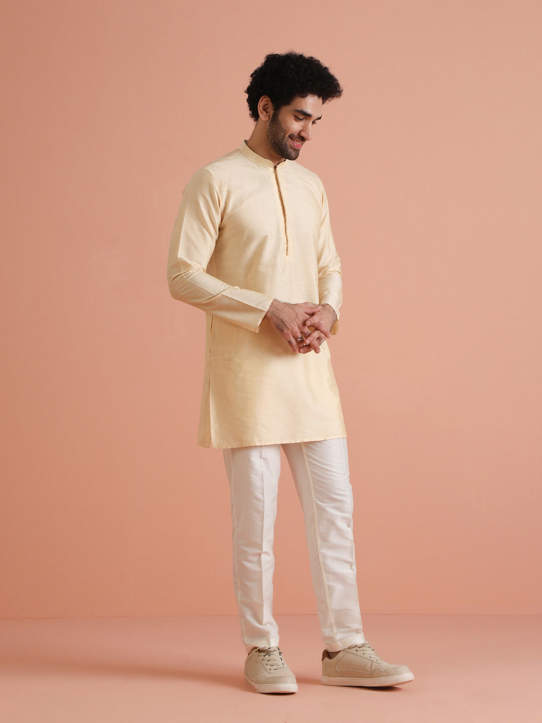 Beige Silk Blend Solid Mid Kurta | SHOBITAM