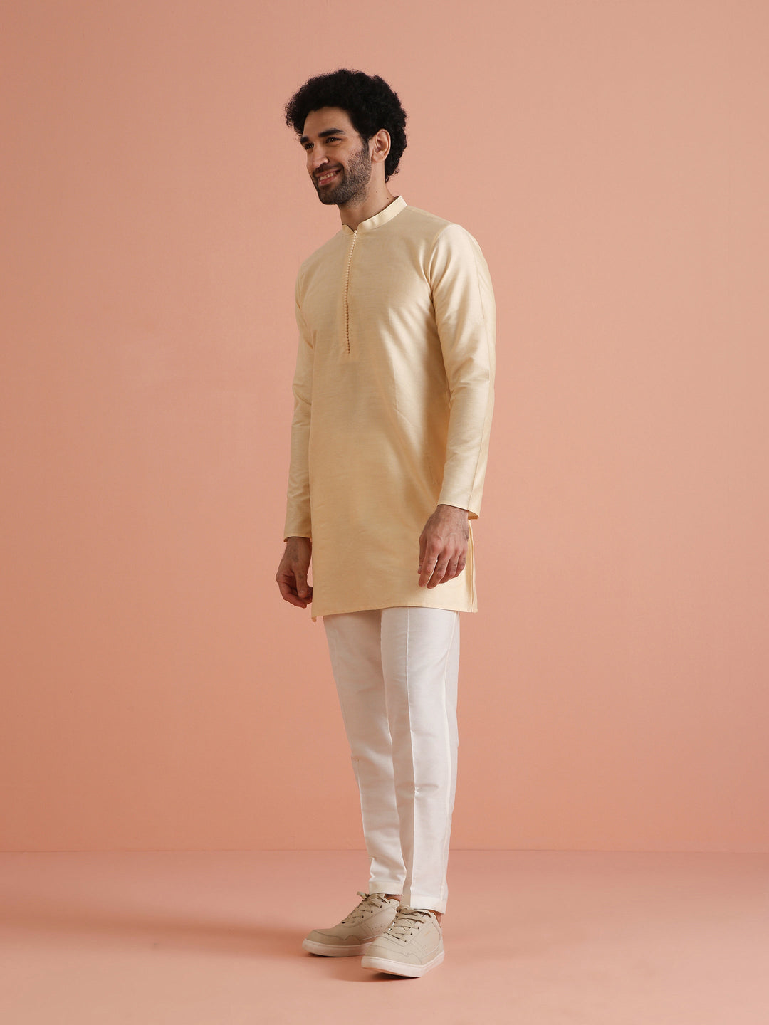 Beige Silk Blend Solid Mid Kurta | SHOBITAM