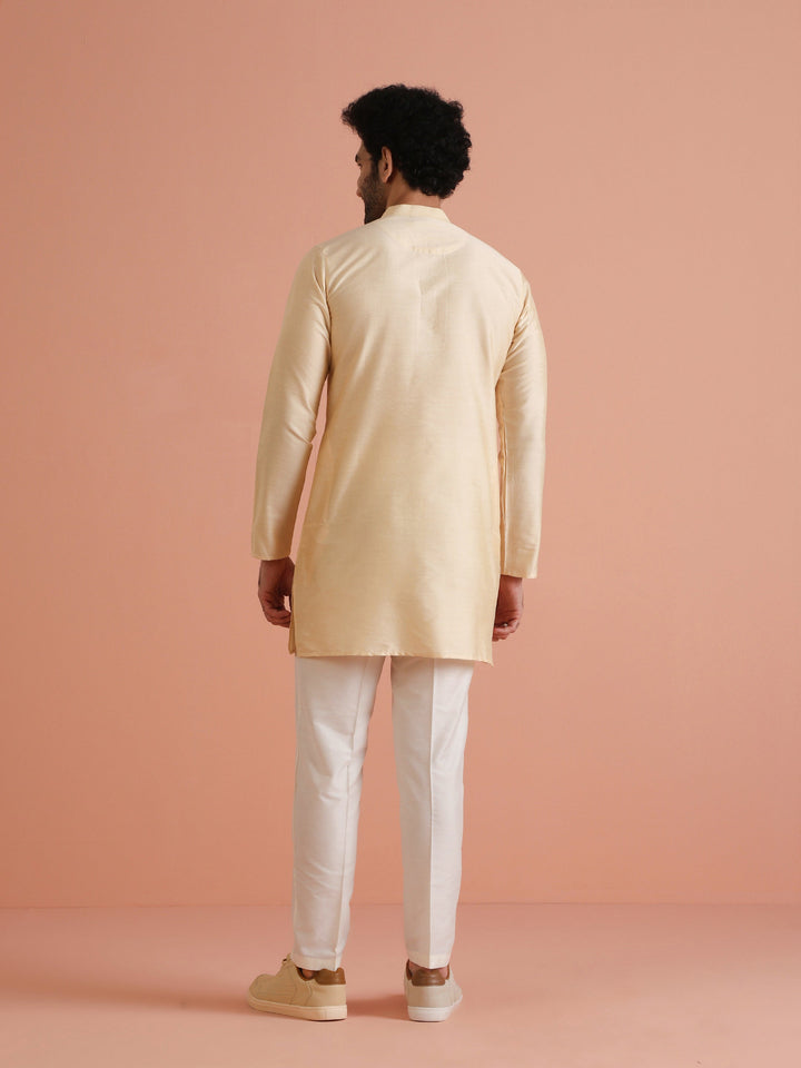 Beige Silk Blend Solid Mid Kurta | SHOBITAM
