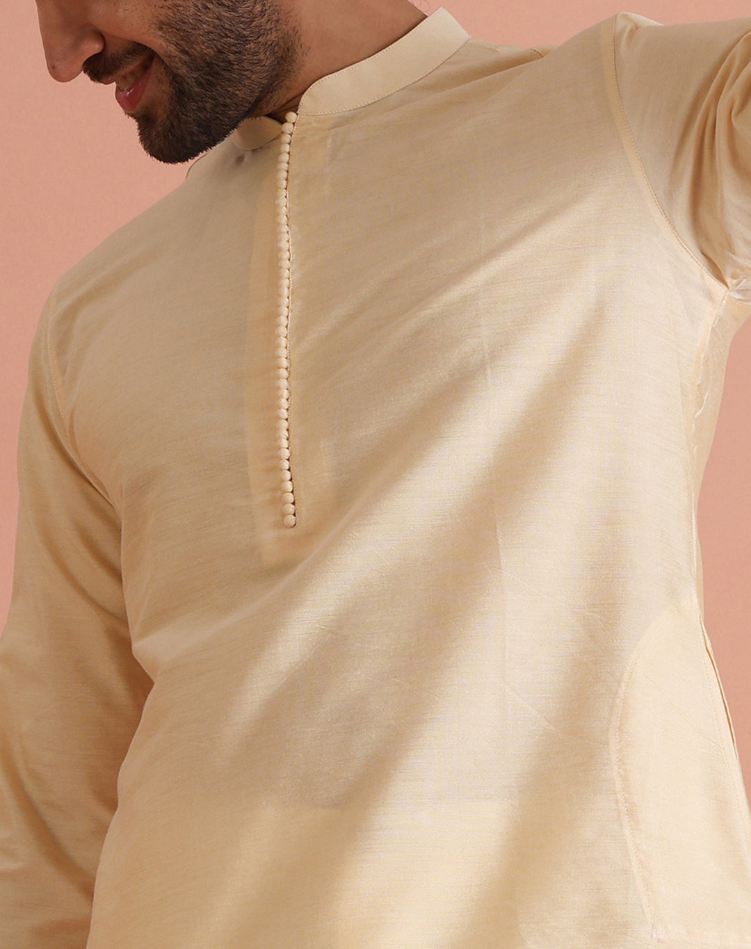 Beige Silk Blend Solid Mid Kurta | SHOBITAM
