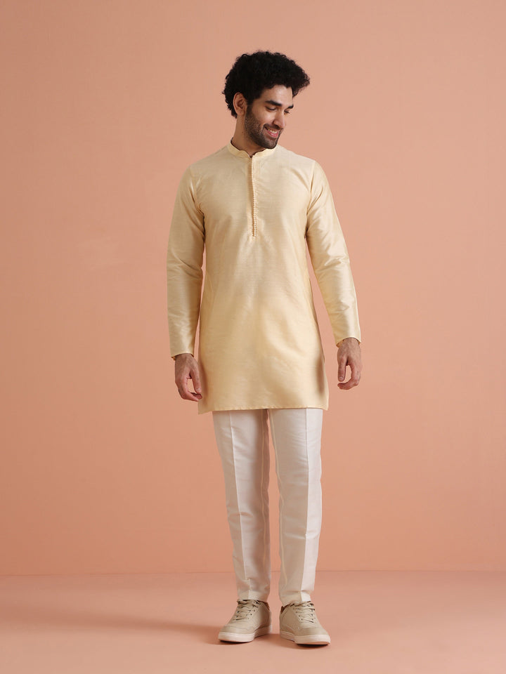 Beige Silk Blend Solid Mid Kurta | SHOBITAM