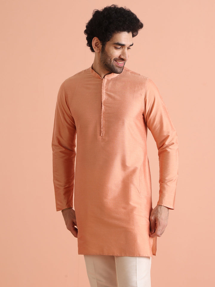 Peach Silk Blend Solid Mid Kurta | SHOBITAM