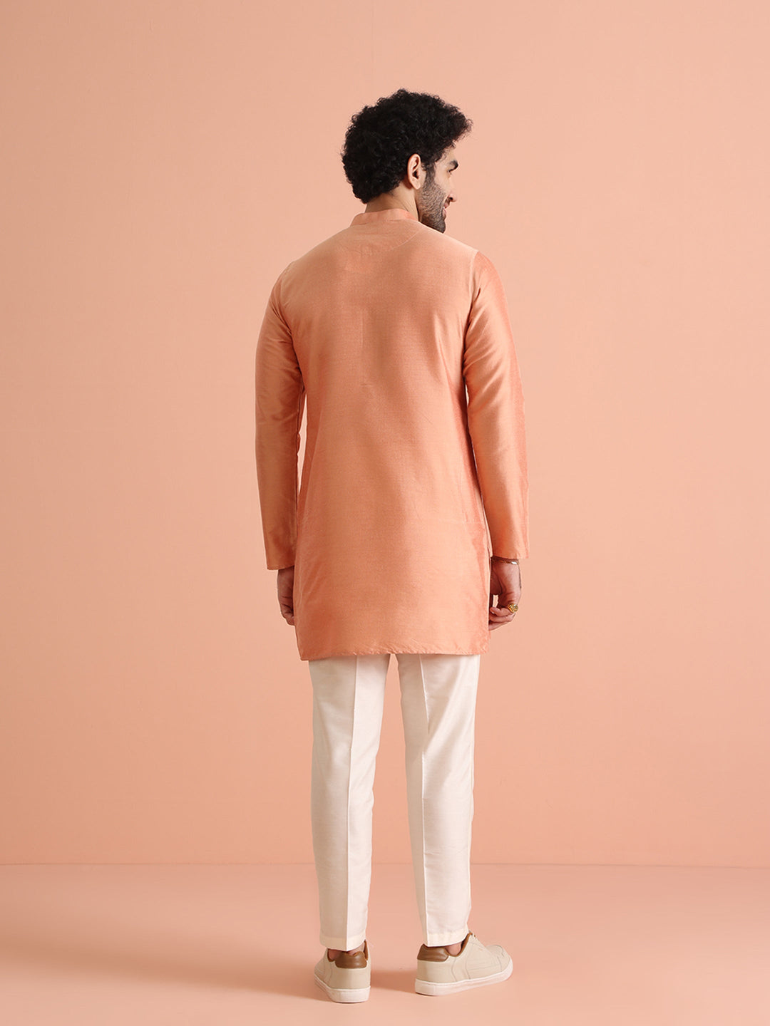 Peach Silk Blend Solid Mid Kurta | SHOBITAM