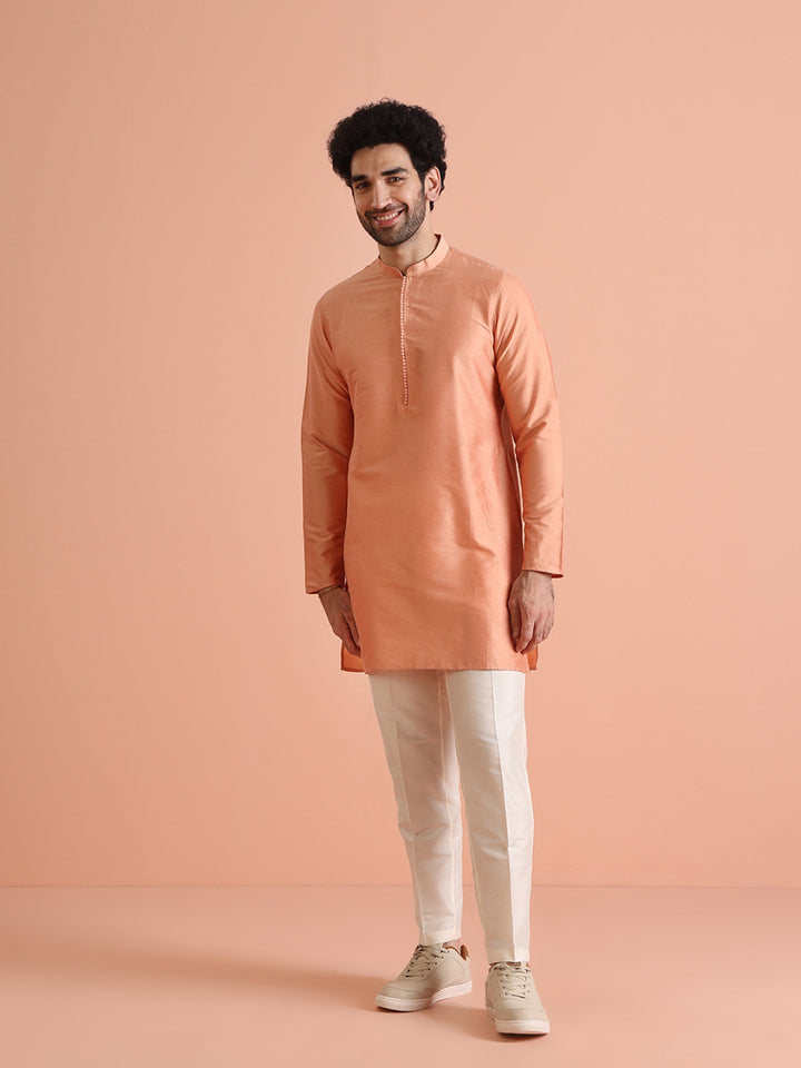 Peach Silk Blend Solid Mid Kurta | SHOBITAM