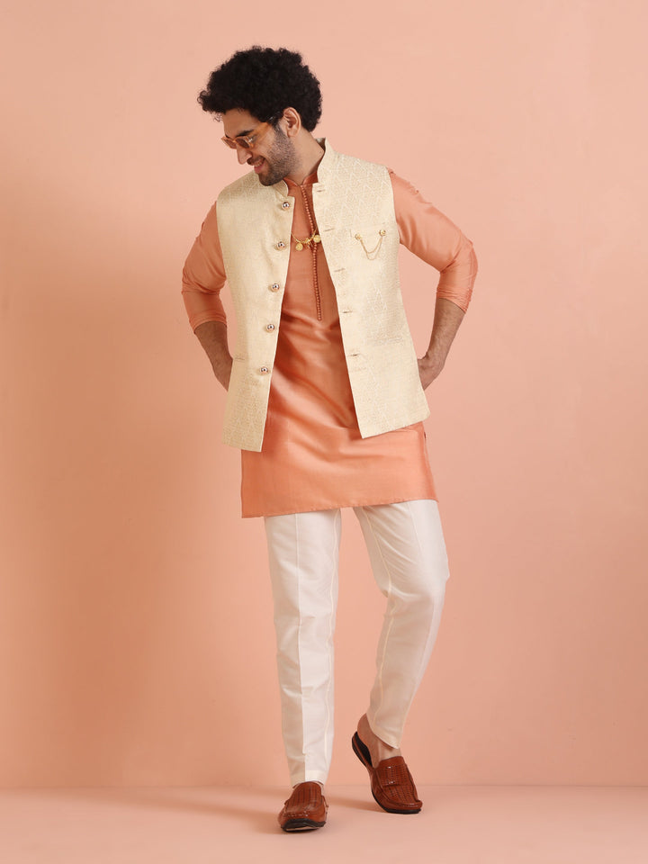 Cream Silk Blend Jacquard Nehru Jacket | SHOBITAM