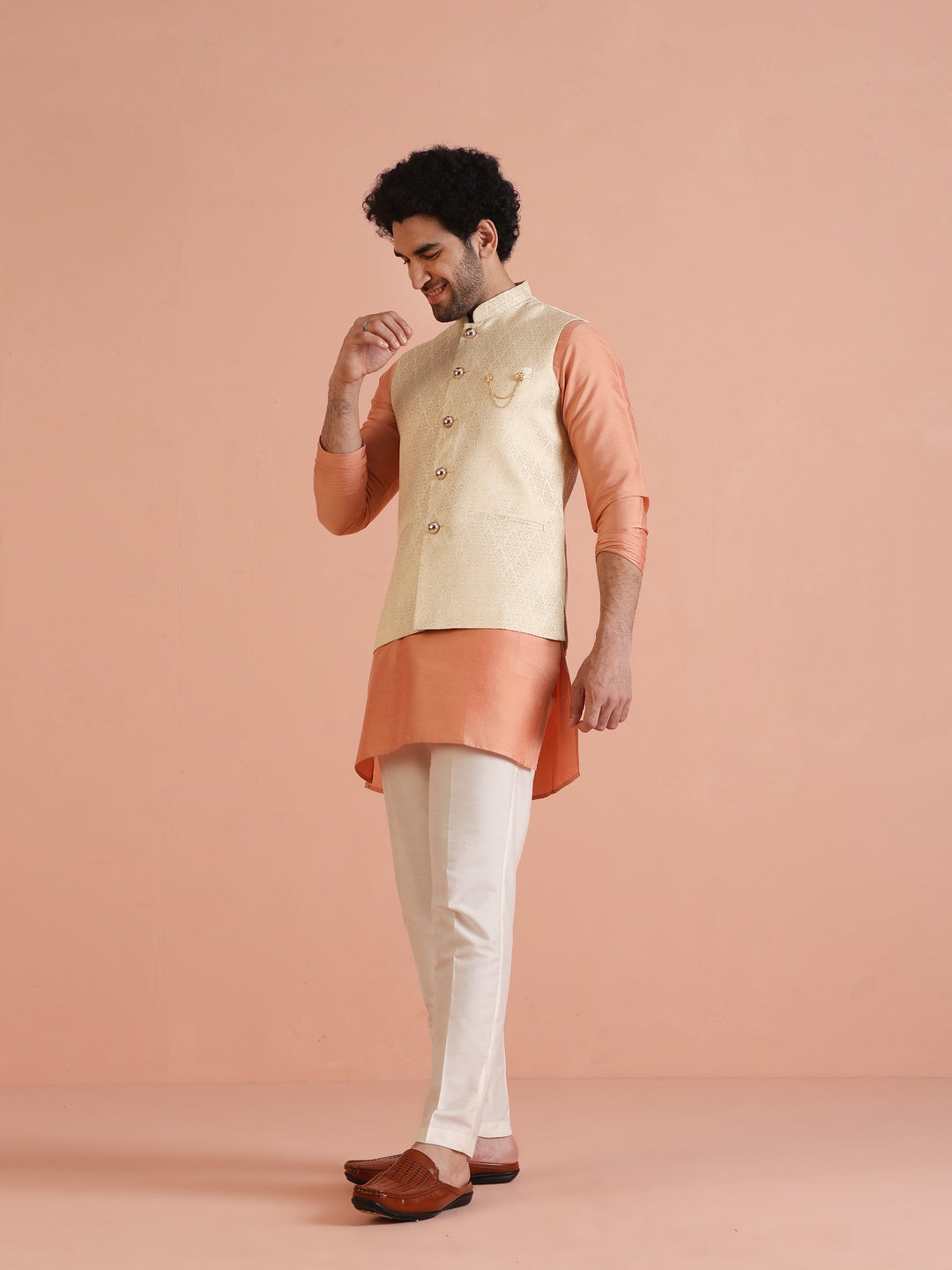 Cream Silk Blend Jacquard Nehru Jacket | SHOBITAM