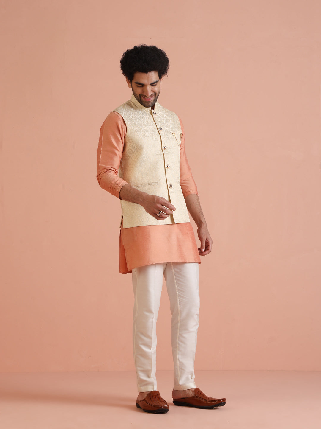 Cream Silk Blend Jacquard Nehru Jacket | SHOBITAM