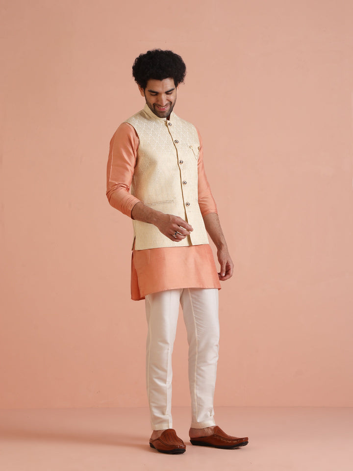 Cream Silk Blend Jacquard Nehru Jacket | SHOBITAM