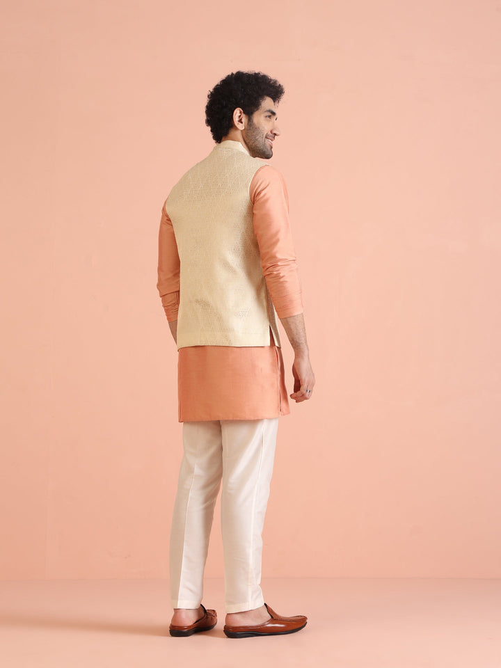 Cream Silk Blend Jacquard Nehru Jacket | SHOBITAM