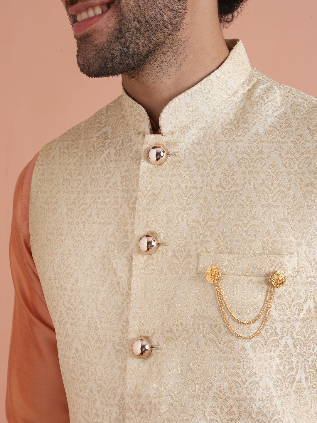 Cream Silk Blend Jacquard Nehru Jacket | SHOBITAM