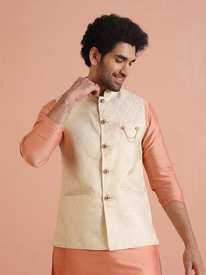 Cream Silk Blend Jacquard Nehru Jacket | SHOBITAM