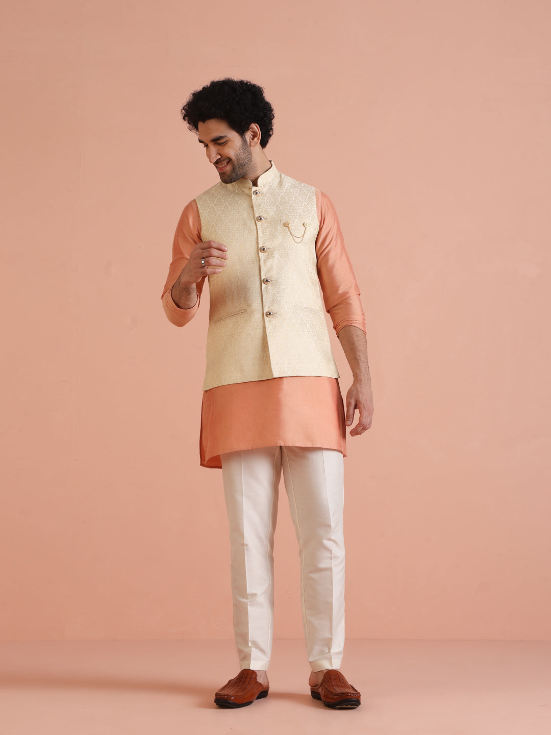 Cream Silk Blend Jacquard Nehru Jacket | SHOBITAM