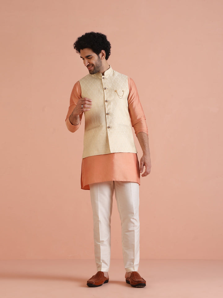 Cream Silk Blend Jacquard Nehru Jacket | SHOBITAM
