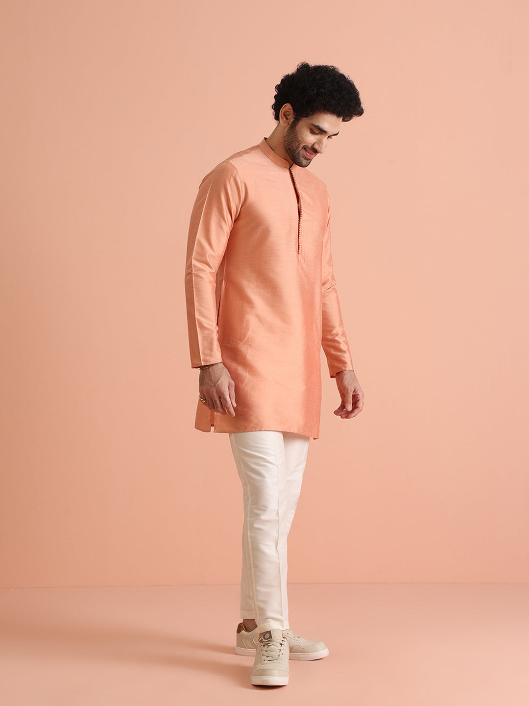Peach Silk Blend Solid Mid Kurta Trouser Set | SHOBITAM