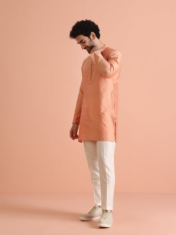 Peach Silk Blend Solid Mid Kurta Trouser Set | SHOBITAM