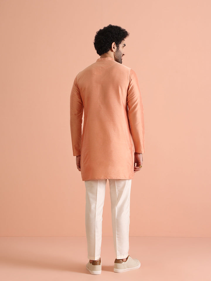 Peach Silk Blend Solid Mid Kurta Trouser Set | SHOBITAM