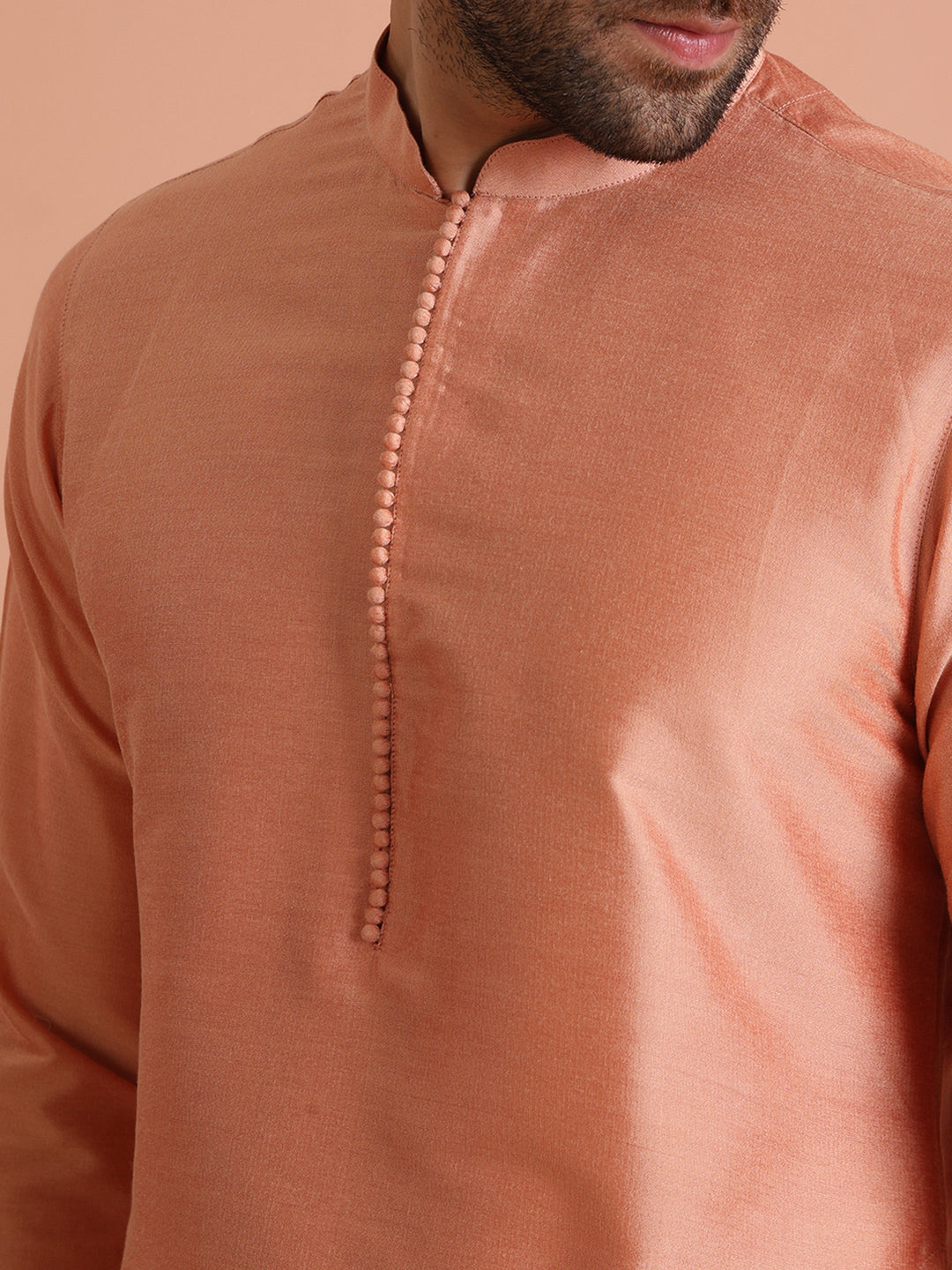Peach Silk Blend Solid Mid Kurta Trouser Set | SHOBITAM