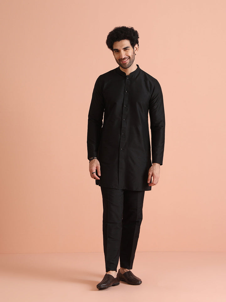 Men Black Slim Fit Solid Kurta Trousers Set | SHOBITAM
