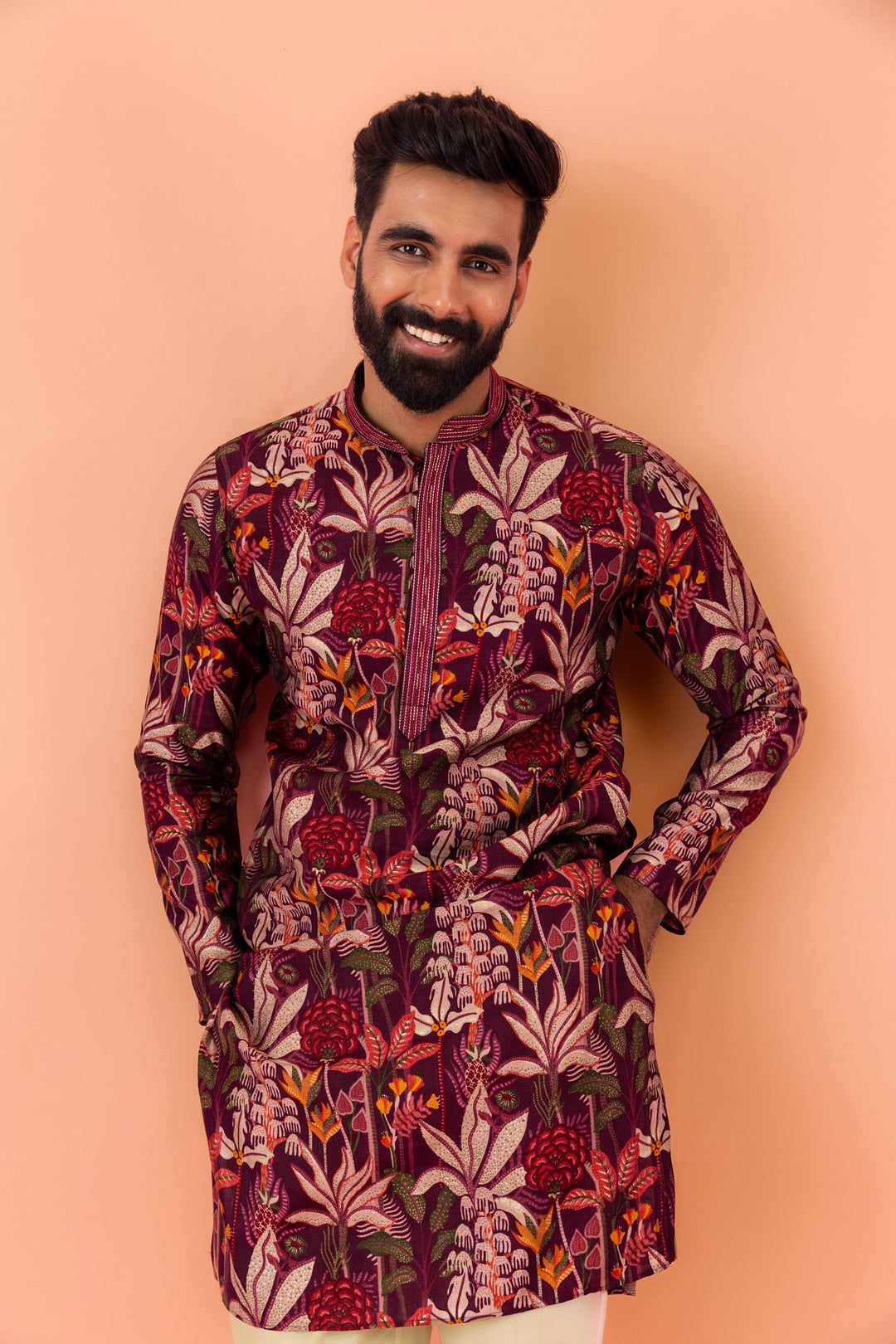 Maroon Silk Blend Kurta with Multicolor Floral Prints and Mandarin Collar | SHOBITAM