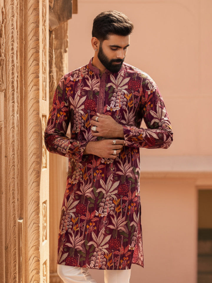 Maroon Silk Blend Kurta with Multicolor Floral Prints and Mandarin Collar | SHOBITAM
