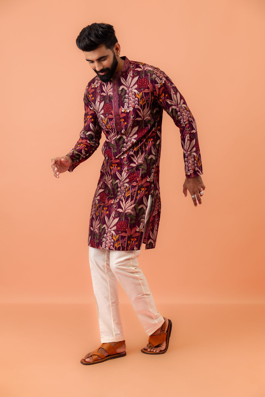Maroon Silk Blend Kurta with Multicolor Floral Prints and Mandarin Collar | SHOBITAM