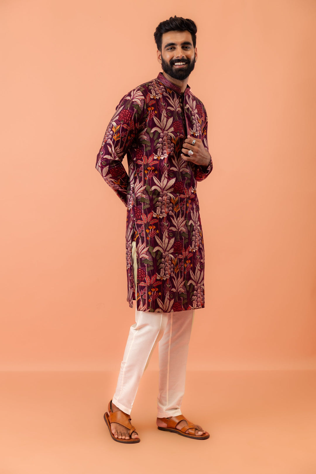 Maroon Silk Blend Kurta with Multicolor Floral Prints and Mandarin Collar | SHOBITAM