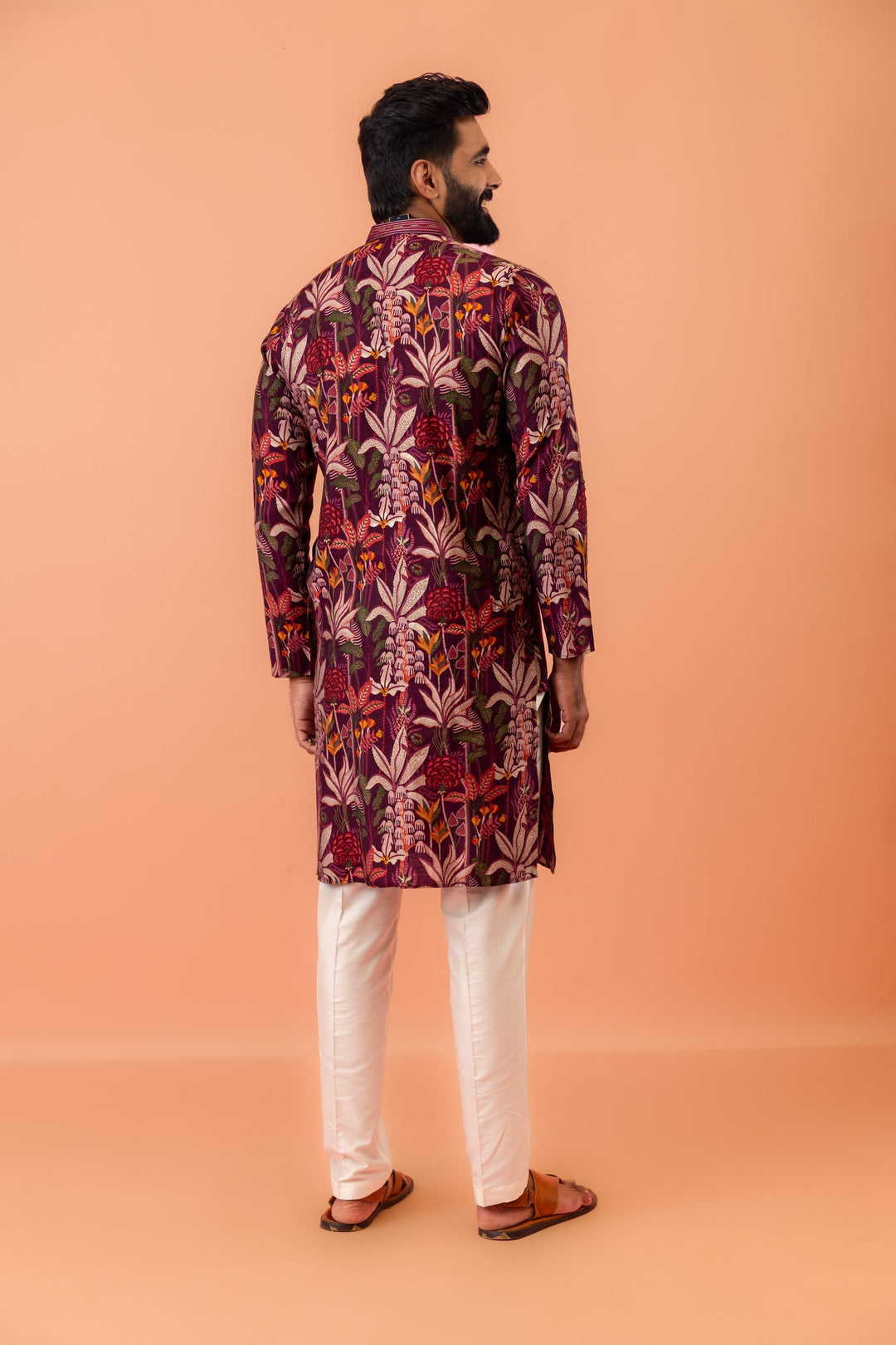 Maroon Silk Blend Kurta with Multicolor Floral Prints and Mandarin Collar | SHOBITAM